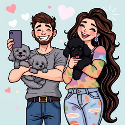 A fun retro pixel art scene depicting a cute couple taking a selfie