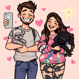 A fun retro pixel art scene depicting a cute couple taking a selfie