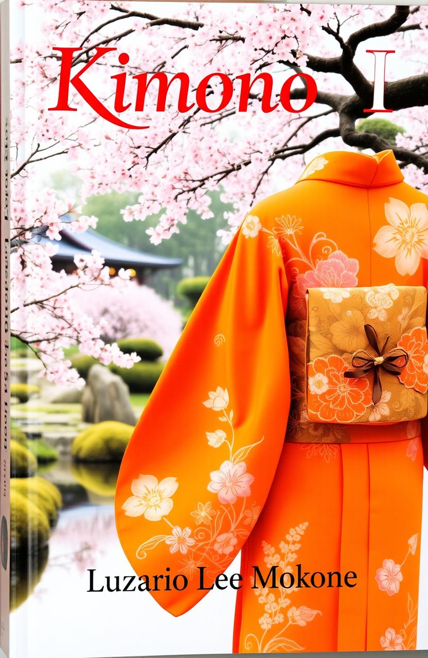 A stunning book cover featuring a vibrant orange kimono adorned with intricate floral patterns