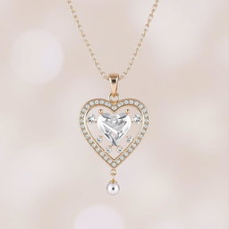 A beautiful and delicate heart-shaped plachette necklace, intricately designed with fine detailing, shimmering gemstones embedded within the heart, elegant chain, dangling slightly to showcase its grace