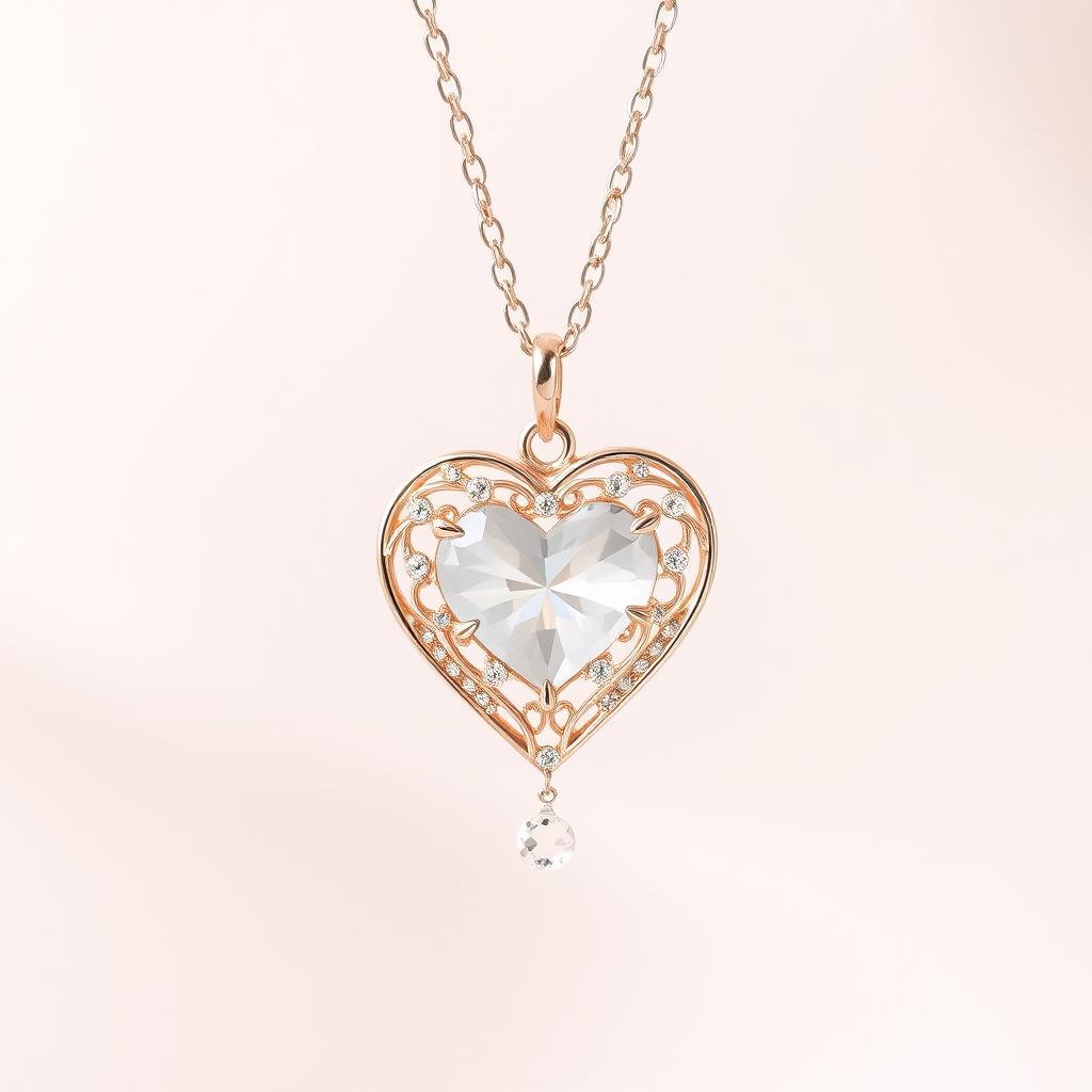 A beautiful and delicate heart-shaped plachette necklace, intricately designed with fine detailing, shimmering gemstones embedded within the heart, elegant chain, dangling slightly to showcase its grace
