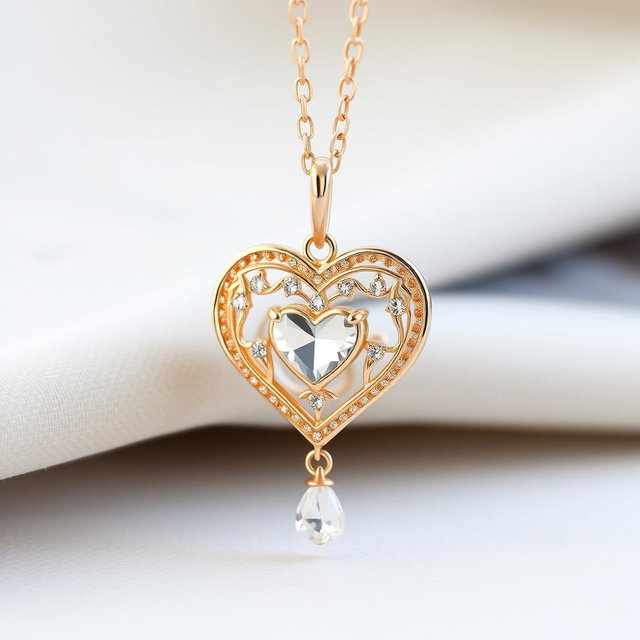 A beautiful and delicate heart-shaped plachette necklace, intricately designed with fine detailing, shimmering gemstones embedded within the heart, elegant chain, dangling slightly to showcase its grace