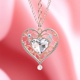 A beautiful and delicate heart-shaped plachette necklace, intricately designed with fine detailing, shimmering gemstones embedded within the heart, elegant chain, dangling slightly to showcase its grace