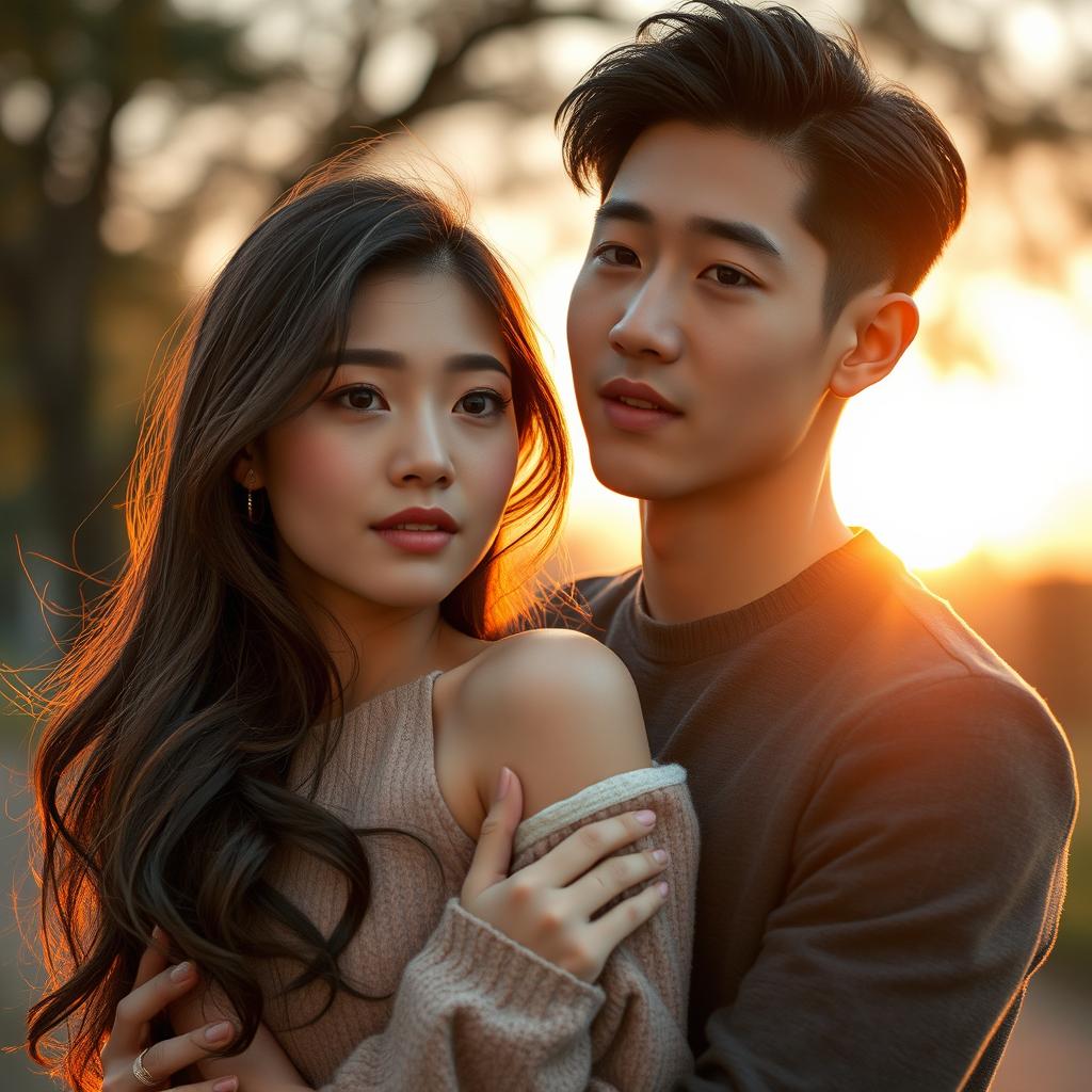 A young couple embracing, radiating love and intimacy, where the young man expresses a deep fear of losing the young woman