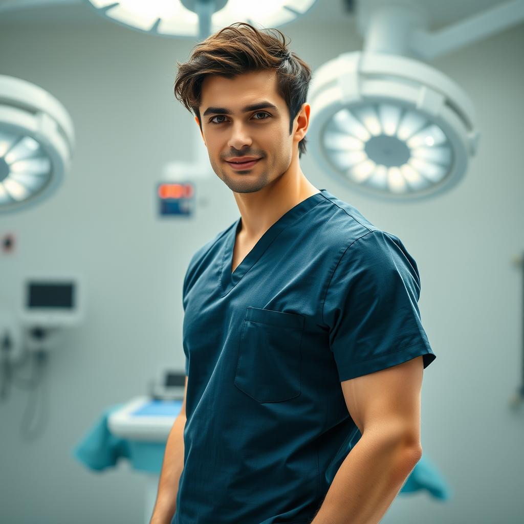 A portrait of a handsome and hot heart surgeon dressed in a sharp, tailored surgical scrubs