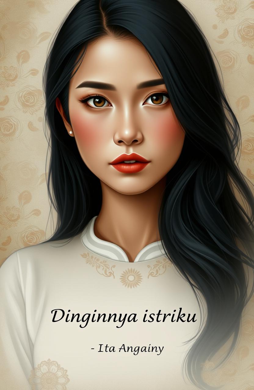 A beautiful Indonesian woman with a prominent nose, displaying a melancholic expression on her face