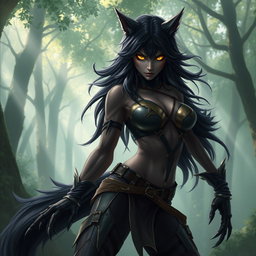 A fierce black wolf woman with striking features and a powerful stance, embodying a hybrid of wolf and human characteristics