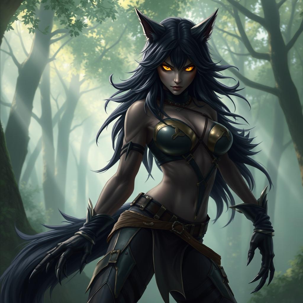 A fierce black wolf woman with striking features and a powerful stance, embodying a hybrid of wolf and human characteristics