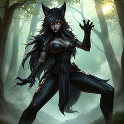 A fierce black wolf woman with striking features and a powerful stance, embodying a hybrid of wolf and human characteristics