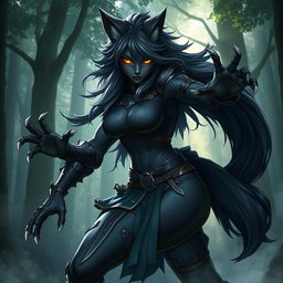 A fierce black wolf woman with striking features and a powerful stance, embodying a hybrid of wolf and human characteristics