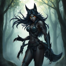 A fierce black wolf woman with striking features and a powerful stance, embodying a hybrid of wolf and human characteristics