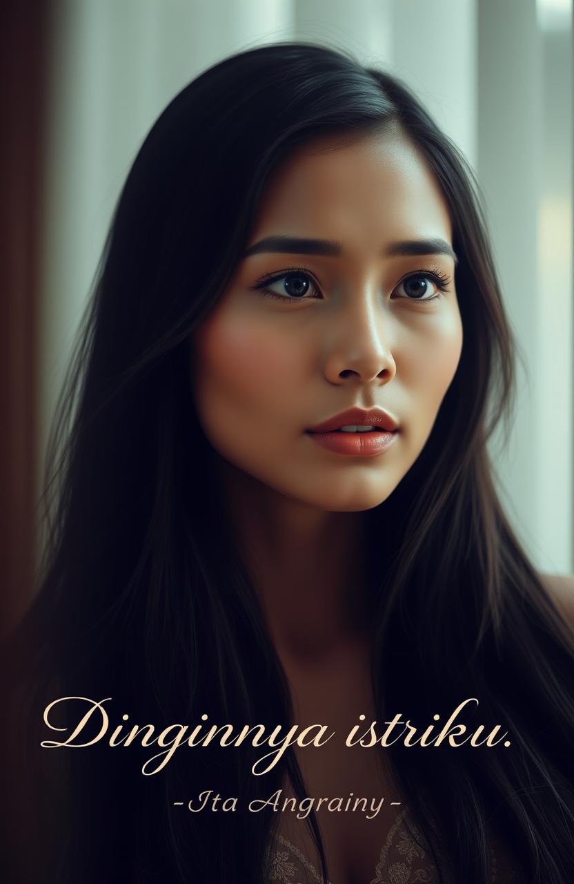 A beautiful Indonesian woman with prominent cheekbones and a refined nose, exhibiting a melancholic expression