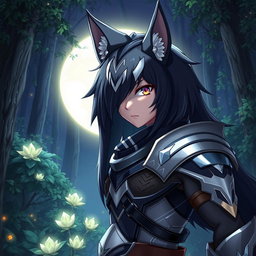 A detailed portrayal of a wolf futanari character in an anime style