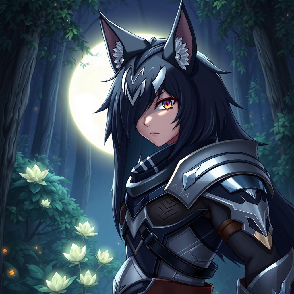 A detailed portrayal of a wolf futanari character in an anime style