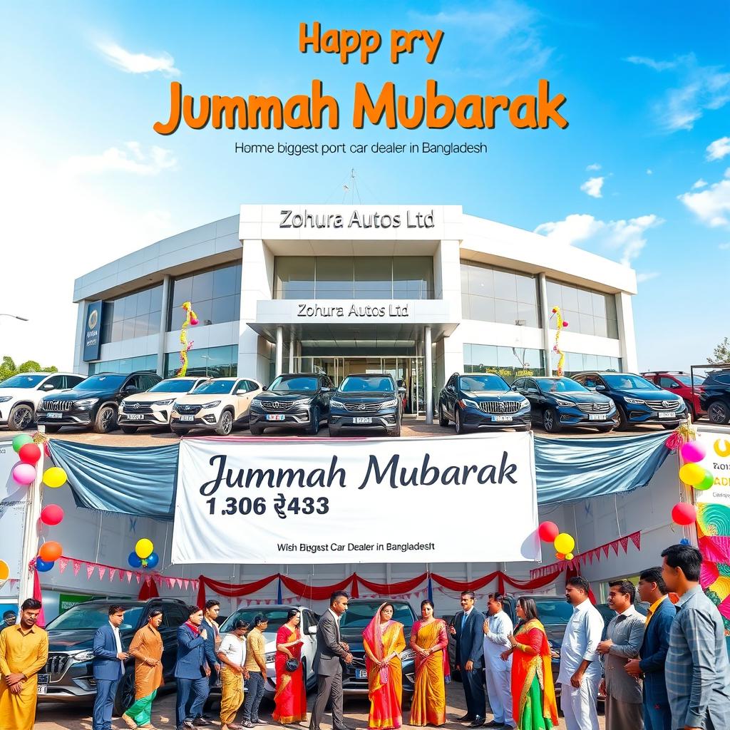 A beautiful composite image celebrating Jummah Mubarak, featuring a modern car dealership building of Zohura Autos Ltd, known as the biggest car dealer in Bangladesh