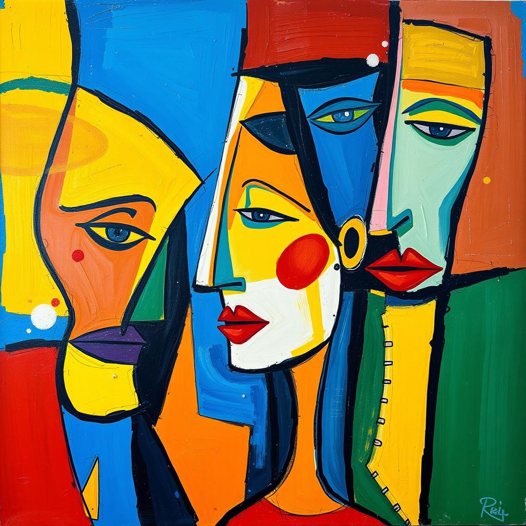 An abstract painting inspired by Picasso's style, featuring vibrant colors and distorted forms