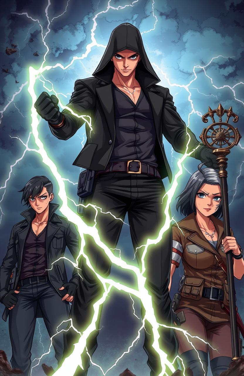 In a Western anime-themed illustration, depict a male assassin with an electrifying lightning aura surrounding him, showcasing his unique powers