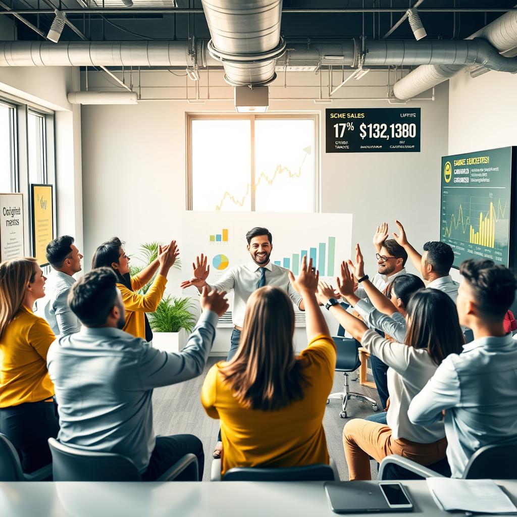 A dynamic and vibrant scene depicting energy in sales, featuring a diverse group of enthusiastic salespeople in a modern office environment