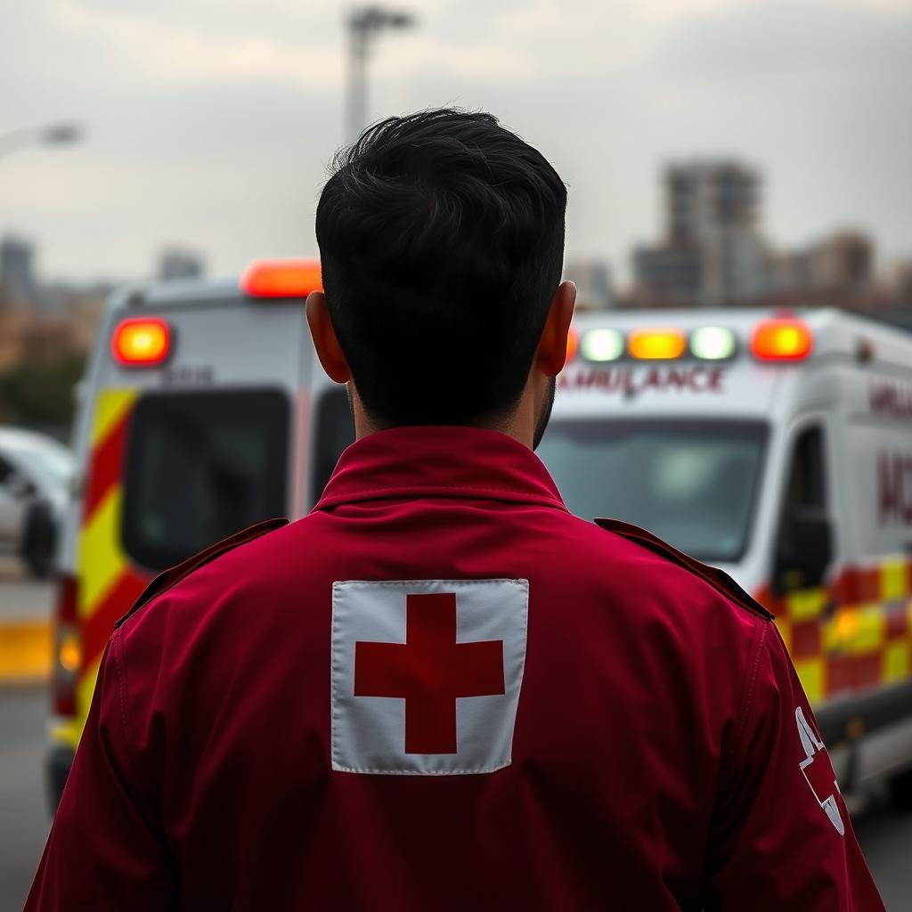 A Syrian emergency medical worker seen from behind, looking towards an ambulance
