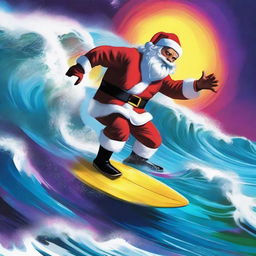 A dynamic depiction of Santa Claus surfing a wave, illuminated with intense and surreal Technicolor hues.