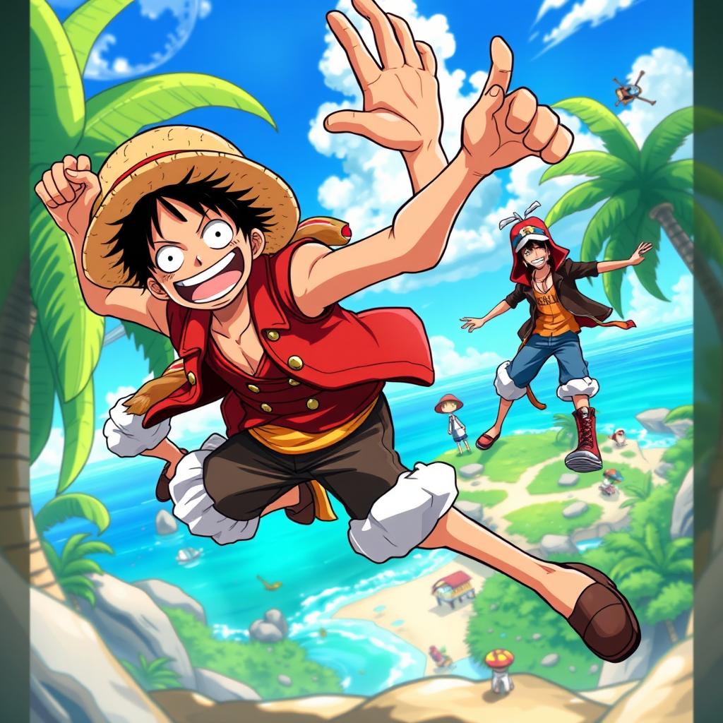 A dynamic scene depicting characters from One Piece, showcasing Monkey D