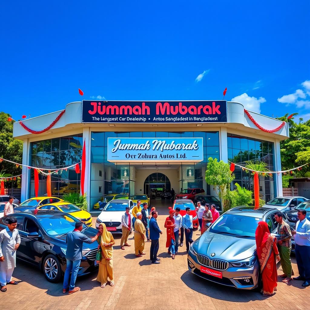 A vibrant and festive image celebrating Jummah Mubarak, prominently featuring Zohura Autos Ltd, the largest car dealership in Bangladesh