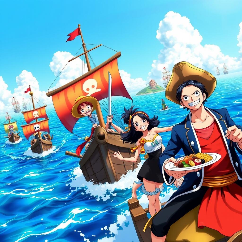 A vibrant and dynamic scene featuring characters from the anime One Piece