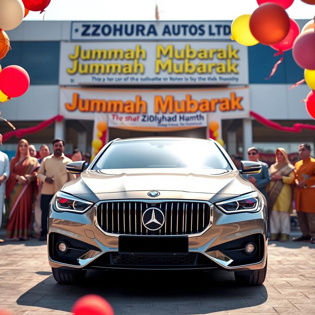A captivating image featuring a single luxurious car prominently displayed in front of Zohura Autos Ltd, the largest car dealer in Bangladesh, during the celebration of Jummah Mubarak