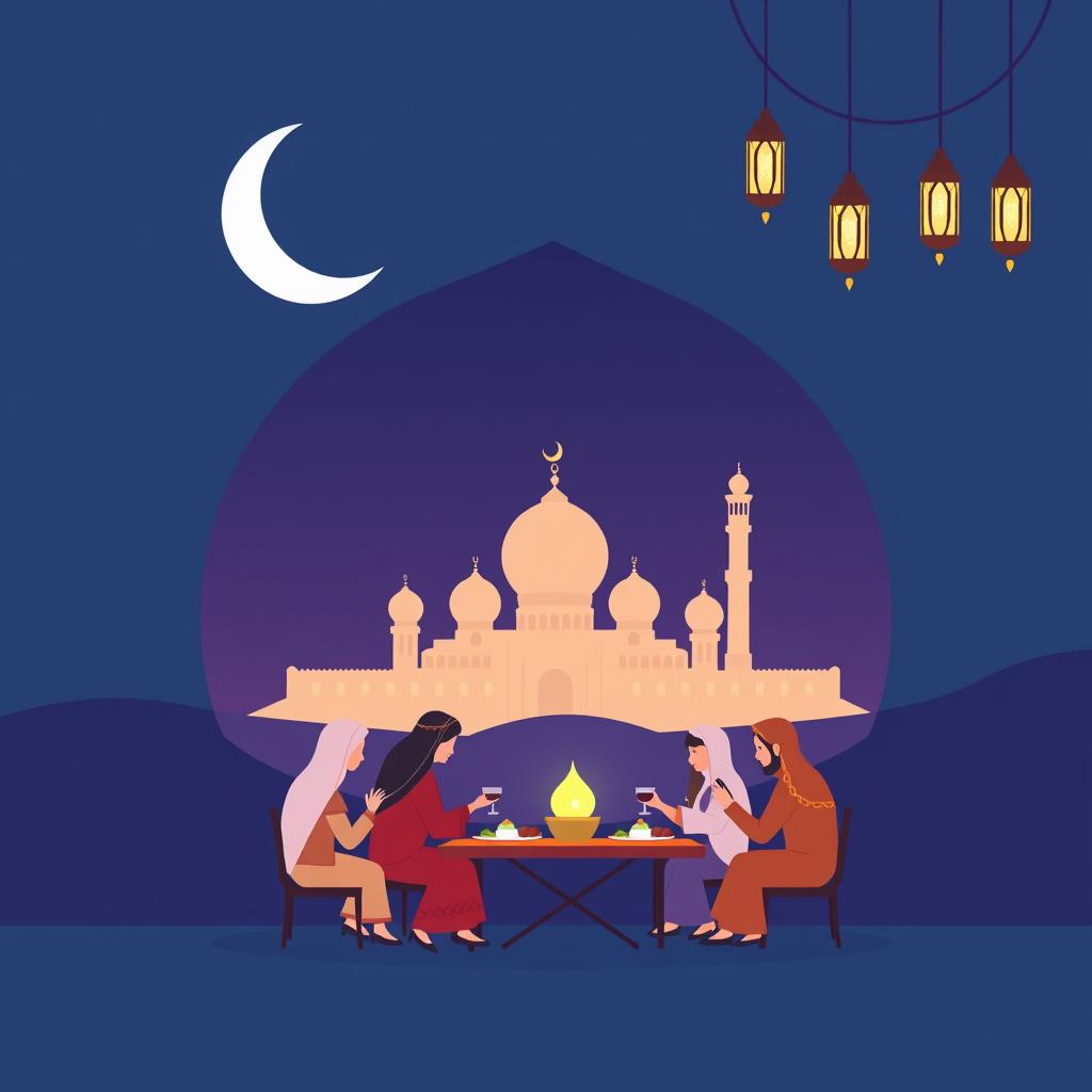 A flat design illustration of Ramadan, featuring traditional elements such as a crescent moon, stars, and a beautifully lit mosque silhouette