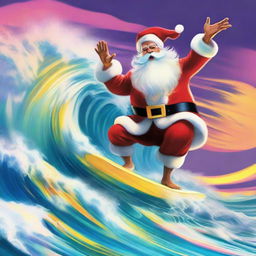 A dynamic depiction of Santa Claus surfing a wave, illuminated with intense and surreal Technicolor hues.