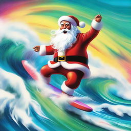 A dynamic depiction of Santa Claus surfing a wave, illuminated with intense and surreal Technicolor hues.