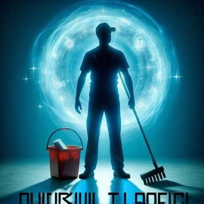 An imaginative book cover titled 'Dungeon Cleaner', featuring a heroic silhouette of a cleaner holding a mop and standing beside a bucket