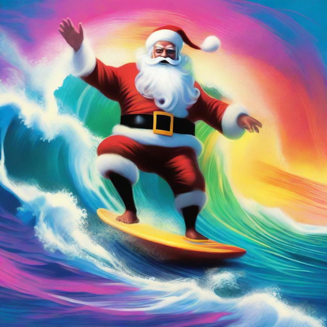 A dynamic depiction of Santa Claus surfing a wave, illuminated with intense and surreal Technicolor hues.