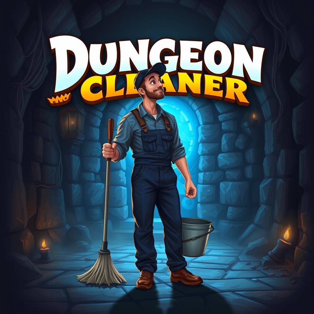A janitor standing in a dark, mysterious dungeon, facing a glowing blue portal