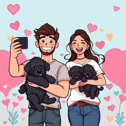 A charming retro pixel art illustration of a cute couple taking a selfie