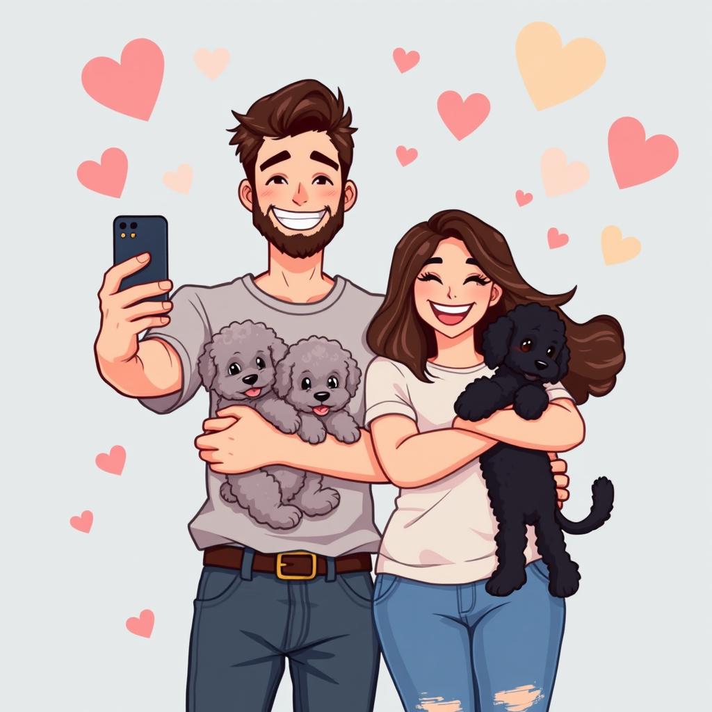 A charming retro pixel art illustration of a cute couple taking a selfie