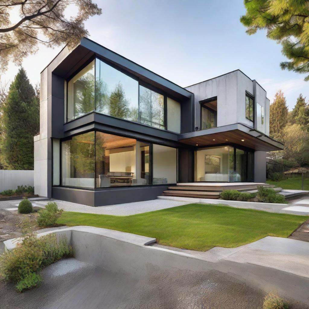 A modern exterior design of a house with clean lines, large windows, and a mix of materials such as glass, steel, and concrete.