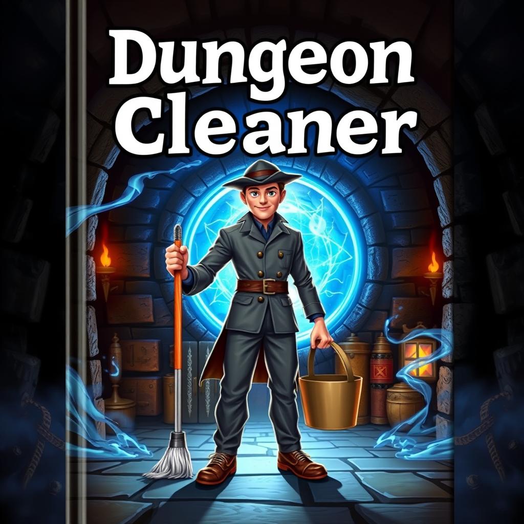 A captivating book cover for 'Dungeon Cleaner', depicting an enigmatic janitor standing confidently in front of a shimmering blue portal