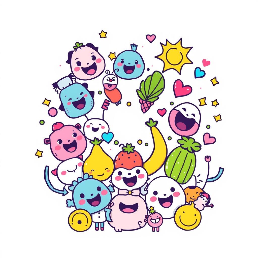 A playful and colorful cartoon-themed T-shirt design featuring cute doodles