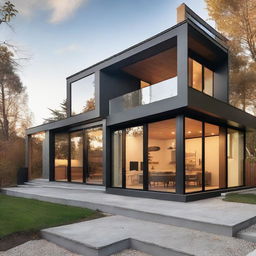 A modern exterior design of a house with clean lines, large windows, and a mix of materials such as glass, steel, and concrete.