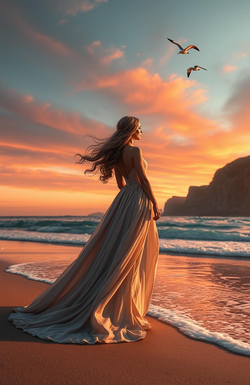 A stunning seascape depicting a serene beach at sunset, where the ocean waves gently lap against the shore