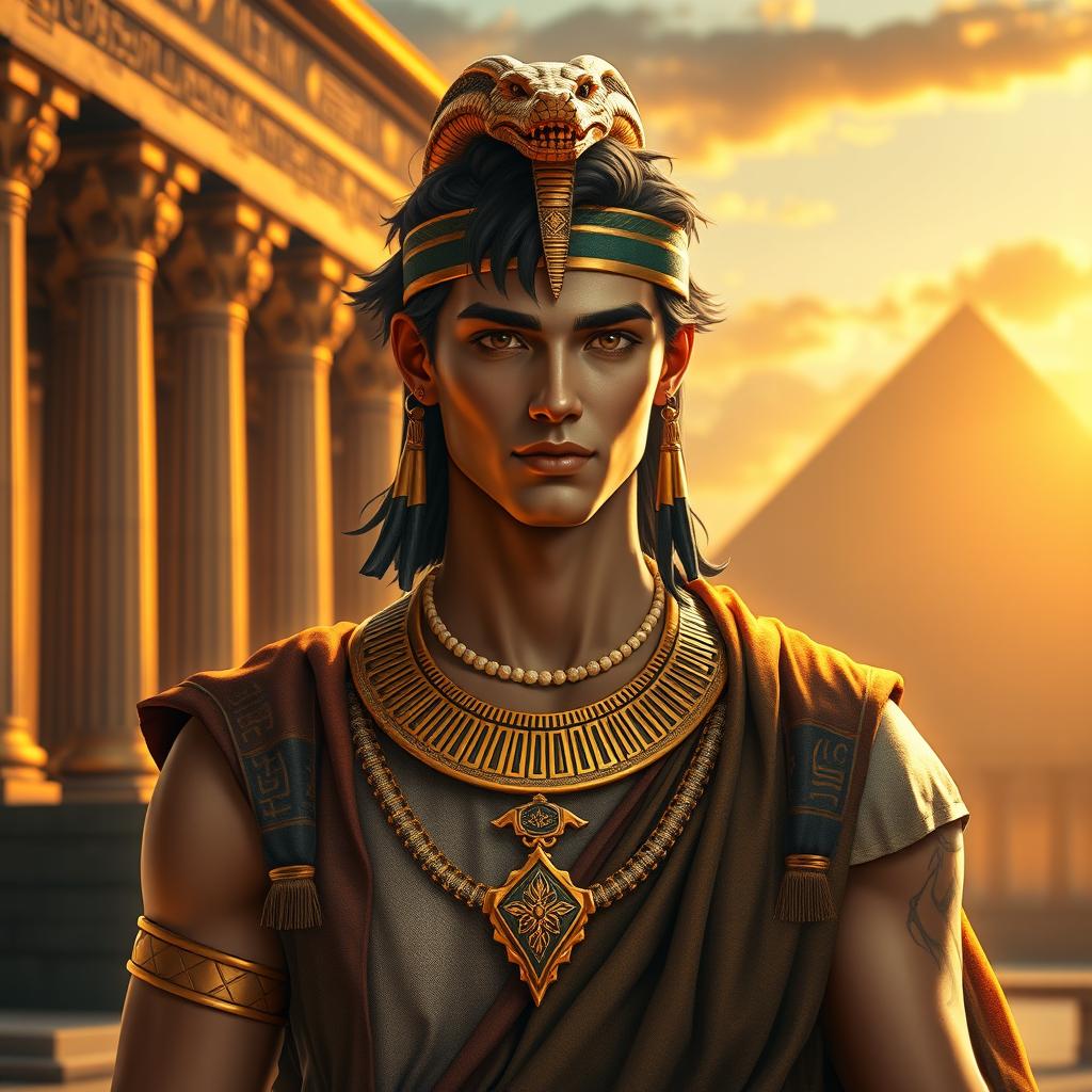 A striking image of a male character styled as a Cleopatra-inspired ruler