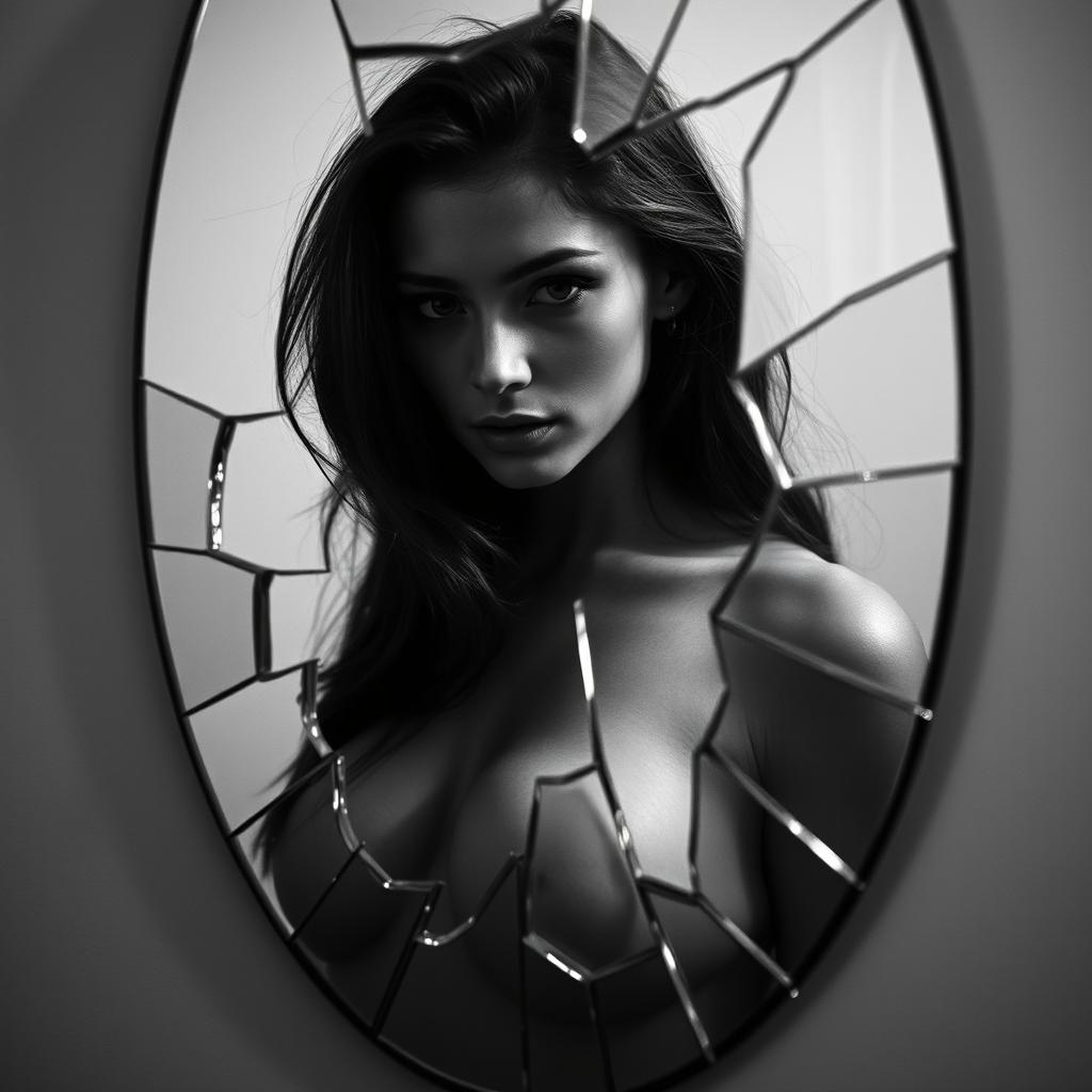 A captivating black and white image of a woman reflecting in a shattered mirror