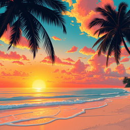 a vivid illustration of a stunning sunset over a serene beach, with golden hues blending into rich orange and pink skies, the soft silhouettes of palm trees framing the picturesque scene, gentle waves lapping at the shore, and a tranquil atmosphere that evokes relaxation and peace