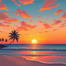 a vivid illustration of a stunning sunset over a serene beach, with golden hues blending into rich orange and pink skies, the soft silhouettes of palm trees framing the picturesque scene, gentle waves lapping at the shore, and a tranquil atmosphere that evokes relaxation and peace