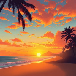 a vivid illustration of a stunning sunset over a serene beach, with golden hues blending into rich orange and pink skies, the soft silhouettes of palm trees framing the picturesque scene, gentle waves lapping at the shore, and a tranquil atmosphere that evokes relaxation and peace