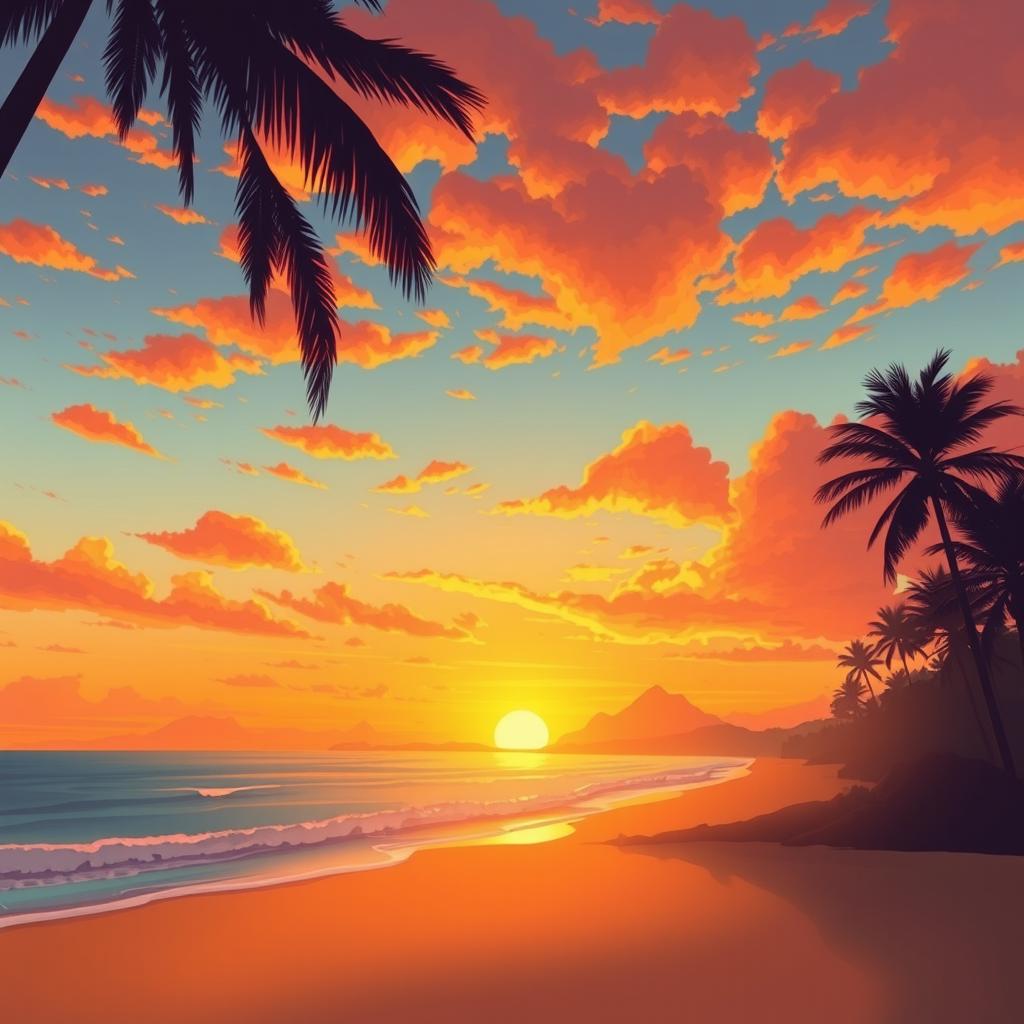 a vivid illustration of a stunning sunset over a serene beach, with golden hues blending into rich orange and pink skies, the soft silhouettes of palm trees framing the picturesque scene, gentle waves lapping at the shore, and a tranquil atmosphere that evokes relaxation and peace