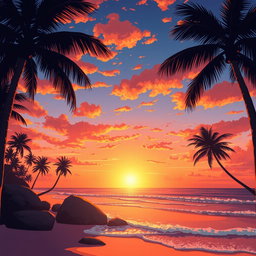 a vivid illustration of a stunning sunset over a serene beach, with golden hues blending into rich orange and pink skies, the soft silhouettes of palm trees framing the picturesque scene, gentle waves lapping at the shore, and a tranquil atmosphere that evokes relaxation and peace