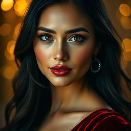 A stunning portrait of an elegant woman with captivating features, showcasing her vibrant, open eyes that sparkle with emotion
