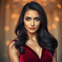 A stunning portrait of an elegant woman with captivating features, showcasing her vibrant, open eyes that sparkle with emotion